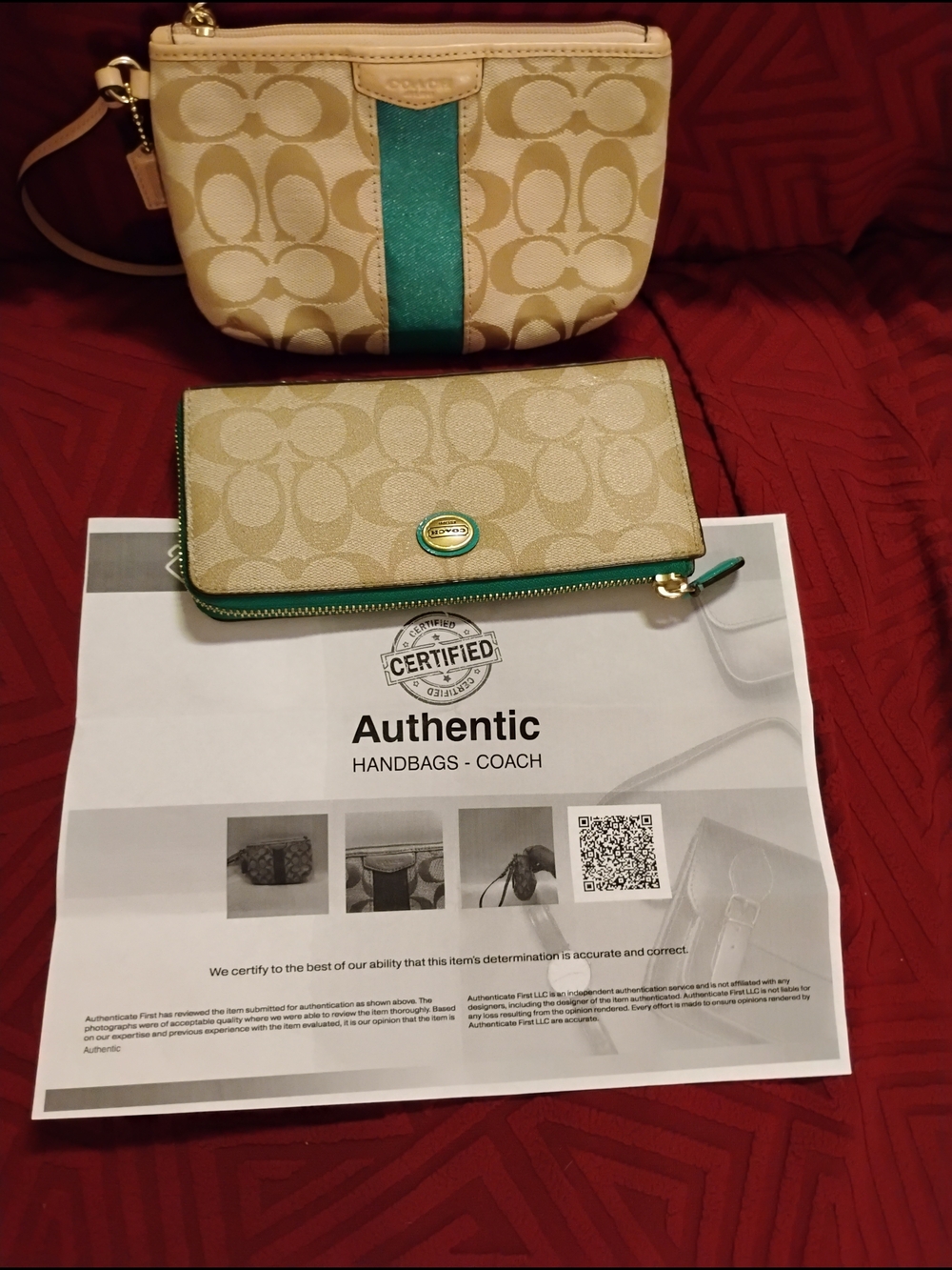 Coach Signature Canvas Wristlet and Zip Wallet Set in Khaki/ spring Green
